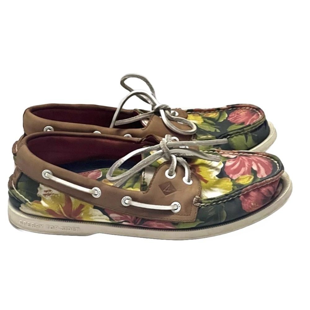 Sperry Leather Canvas Mens Boat Shoes Sz 8 Floral Preppy Casual Nautical Coastal - Picture 6 of 12